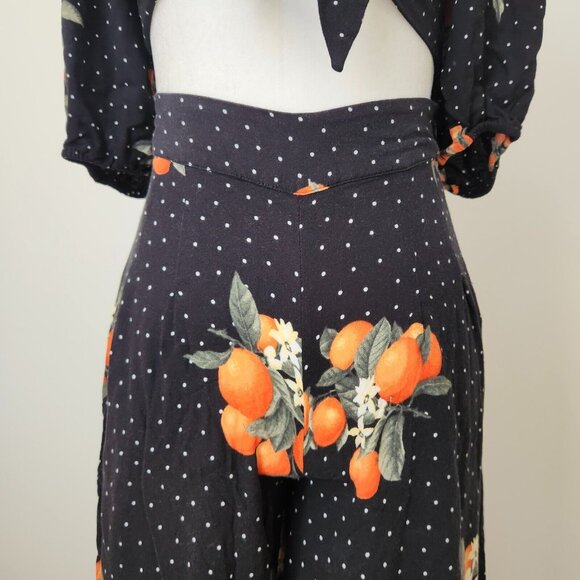 Forever 21 Two Piece Set Orange Fruit Crop Top Wide Leg Pant Black Boho Dot XS M - Picture 7 of 16
